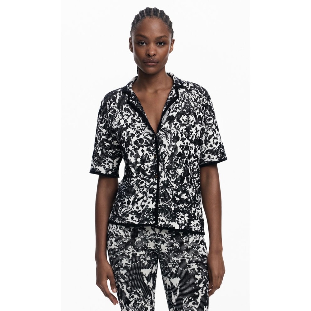 Desigual Women's Bandana Fluid Short Sleeve Abstract Print White Black Medium